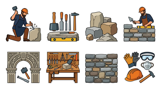 Mason working with stones and tools for construction and building projects with safety equipment