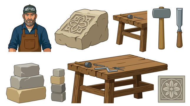 Mason working with stone blocks and tools on workbenches