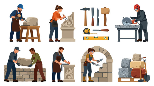 Mason workers building stone wall and sculpture with tools