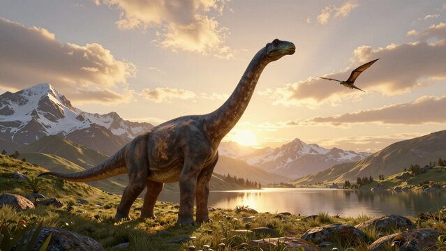A majestic sauropod dinosaur stands on a grassy hillside during a golden sunset, with snow-capped mountains and a serene lake in the background. A pterosaur flies overhead under warm skies.