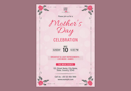 Editable Happy Mother's Day Celebration Invitation Template with Event Details in Pastel Pink Color.