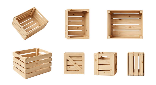 Collection of empty wooden crates in various perspectives against a white background