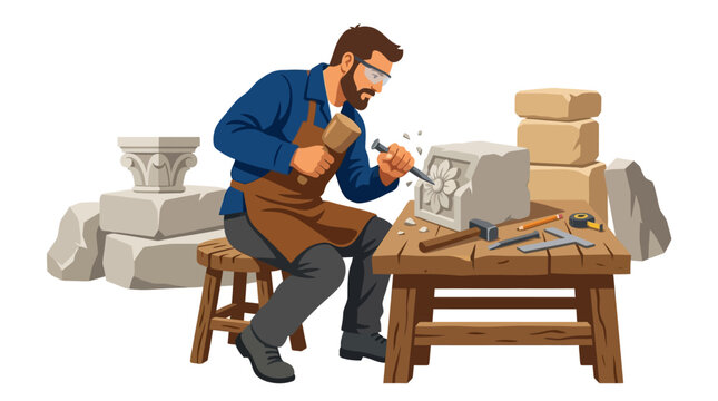 Man chiseling stone block with hammer and chisel in workshop