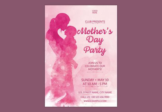 Editable Happy Mother's Day Party Invitation Template with Silhouette Mother Kissing Her Baby on Watercolor Pink Background.