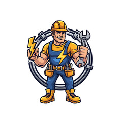 Fototapeta premium Muscular male electrician handyman mascot holding lightning bolt and wrench