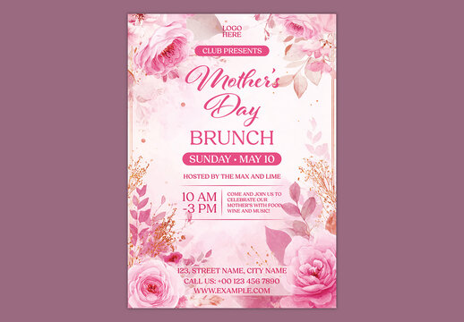 Editable Happy Mother's Day Brunch Invitation Template with Floral Decorative Border for Restaurant Buffet Event.