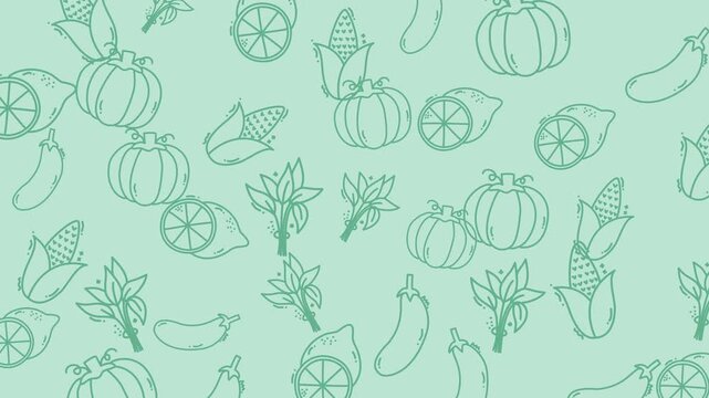 Pumpkins, corn, lemons, eggplants, plants on green background for autumn decor, farm products, thanksgiving, harvest festival, vegetable market.