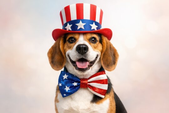 Smiling beagle dog in uncle sam hat and patriotic bow tie, softly blurred festive background keywords