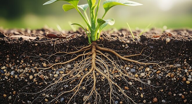 A small plant grows in soil with visible roots underground outdoors.
