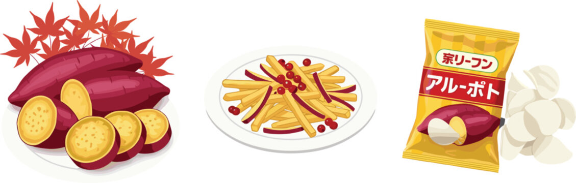 Sweet Potato Snack Collection with Roasted Yams French Fries Style Dish and Packaged Chips Food Vector Illustration Set
