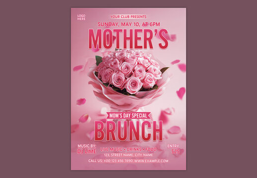 Editable Mother's Day Special Brunch Invitation Template with Pink Rose Bouquet and Falling Petals Background for Restaurant Event.