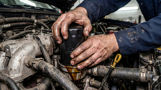 Mechanic's hands changing oil filter in a car engine with dirty hands and tools nearby in a garage setting