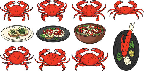 Crab Seafood Collection with Whole Crabs and Prepared Dishes Top View Asian Cuisine Food Vector Illustration Set © Sanjida