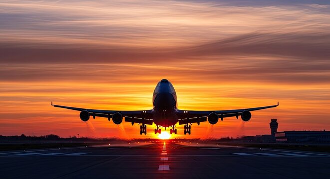 Passenger Airplane Taking Off from Runway at Dramatic Golden Sunset