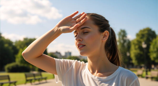 Exhausted young woman wiping sweat from her forehead in a park. Female suffering from high temperature on a hot summer day