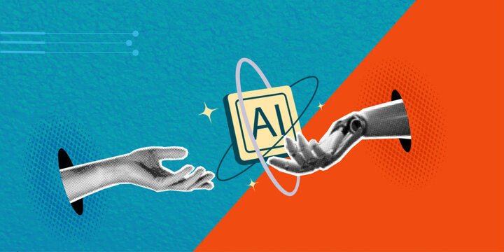 Conceptual collage of human and robot hands reaching for an AI icon. Minimalist technology design with halftone textures and paper effect. Ideal for artificial intelligence, machine learning, and futu