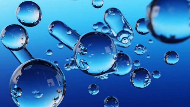 Macroscopic view of transparent liquid gel capsules and spherical water droplets suspended in air against a vibrant blue gradient background with sharp refractions and bokeh.