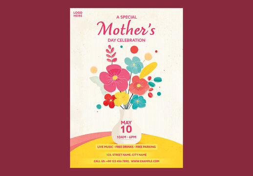 Editable Happy Mother's Day Celebration Invitation Template with Colorful Flower Pot Illustration and Event Details.