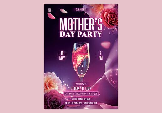 Editable Happy Mother's Day Party Invitation Template with Champagne Glass, Pink Roses and Abstract Neon Background.