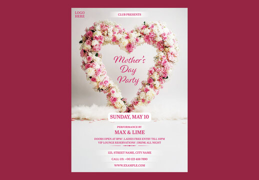 Editable Happy Mother's Day Party Invitation Template with Heart-Shaped Pink and White Floral Wreath.
