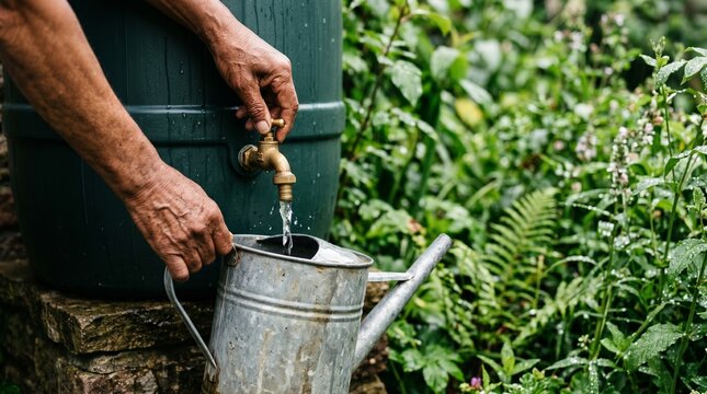 Senior gardener filling metal watering can from sustainable rain barrel tap.