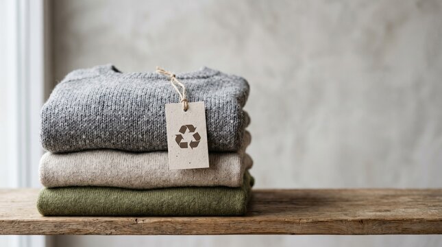 Recycled knit sweaters with recycle symbol tag on wooden shelf for sustainable fashion