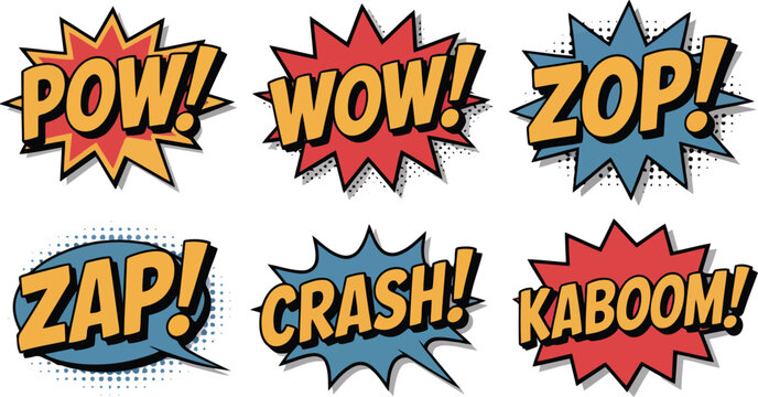 Various comic book style sound effect bubbles including Zop and Zap with different explosion shapes