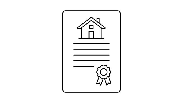 Property Deed minimalist black line vector icon on a white background. A clean, scalable SVG illustration representing a legal document, real estate contract, house ownership, or land title.