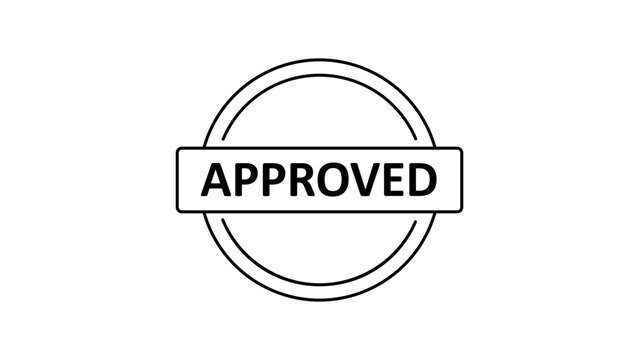 Minimalist black line vector icon illustration of a circular approved stamp on white background, clean hand-drawn outline style, scalable SVG for business validation and quality assurance.