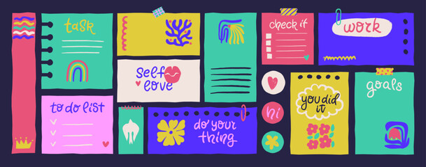 Obraz premium Colorful girly sticky notes and planner dashboard. Fun cartoon hand drawn memos with self love quotes, task lists and goals on dark background. Cute vector template for digital planner and bullet