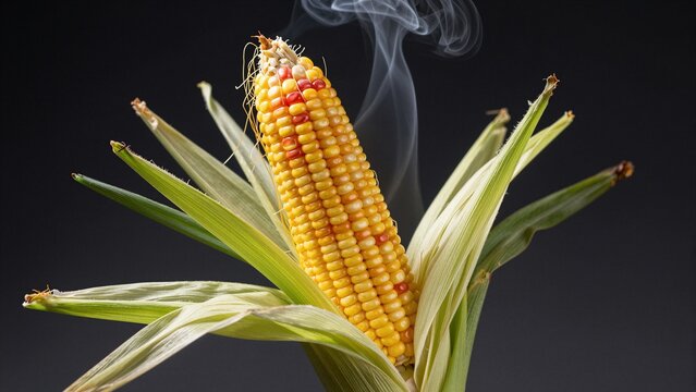 A close-up of a steaming corn cob against a black background.