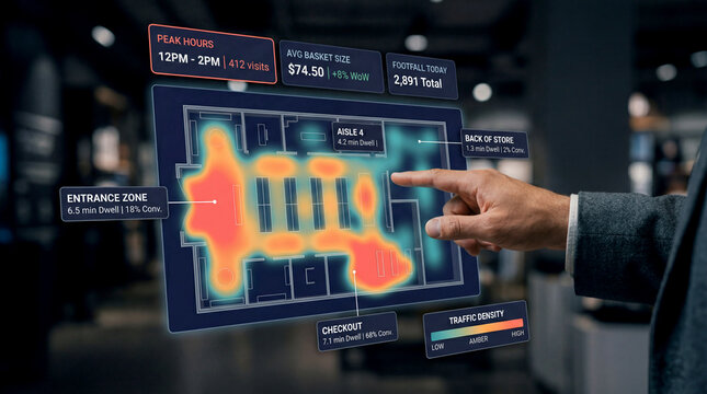 Businessman analyzing data heatmap on transparent screen in modern office with futuristic technology and analytics concept