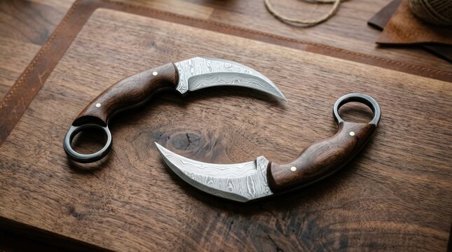 Pair of handcrafted karambit knives with wooden handles and curved blades.