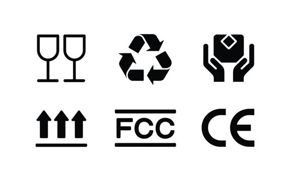 Black packaging and certification icons set featuring fragile recycle handle with care arrows fcc and ce marks for box shipping.