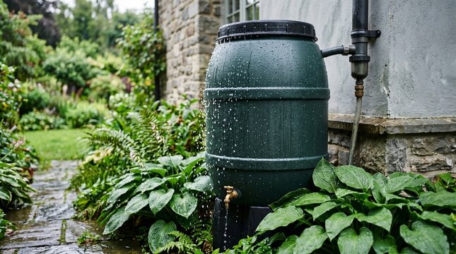 Rainwater harvesting barrel collecting water in lush garden on rainy day.