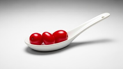 Fototapeta premium Three Red Cherry Tomatoes on a White Spoon, Minimalist Background, Food Photography