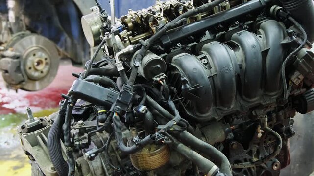 Transporting dismantled car engine by hoist in repair shop closeup. Carrying damaged vehicle motor to inspect and maintain at service station