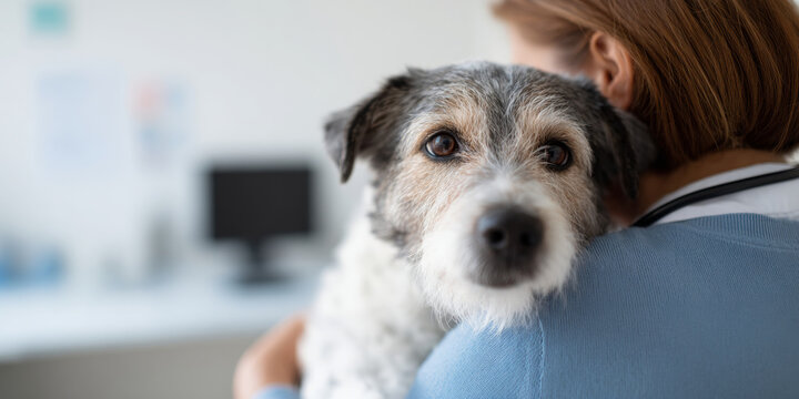 Woman comforting dog in veterinary clinic