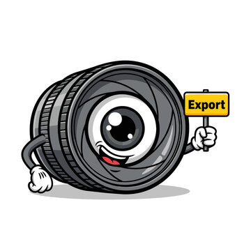 Smiling camera lens character holding a yellow sign with the word Export