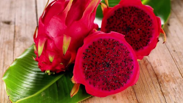 Fresh Red Dragon Fruit Slices with Tropical Leaf on Wooden Background