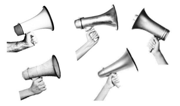 Halftone retro vintage with megaphone collage hand for loudspeaker vector pop. Voice poster art with news paper banner for media contemporary speaker. Modern design halftone with creative.