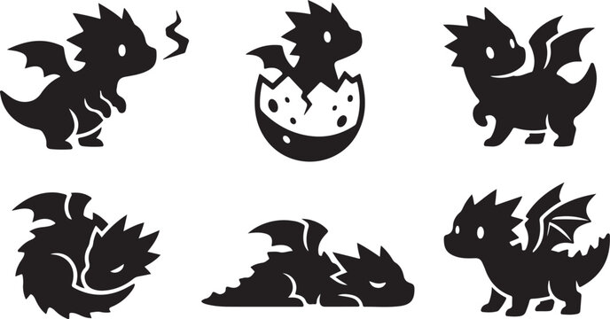 Collection of six cute dragon silhouettes in various poses with silhouette mythical creature collection illustration character adorable imagination childlike