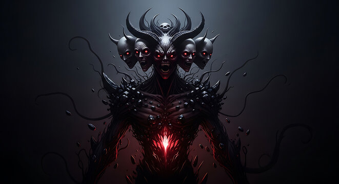 A menacing creature with sharp horns and red eyes emerges from the dark background.