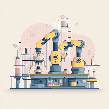 Automated factory workstation with yellow robotic arms, glass reactors and conveyor in a minimal editorial illustration