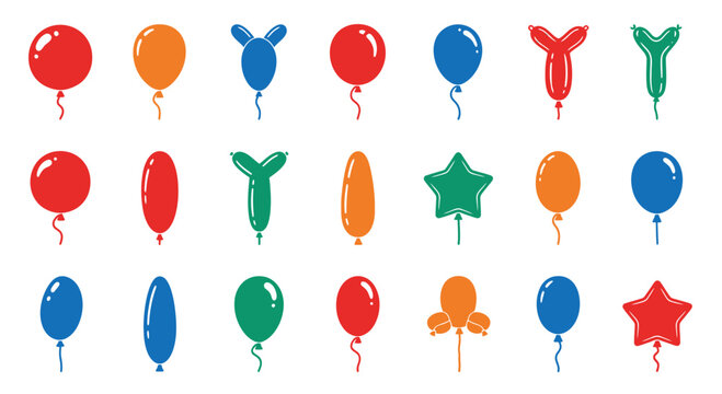 Colorful Party Balloons Set Vector Illustration, Flat Design Elements for Birthday Celebration and Festive Event Decoration Isolated on White Background
