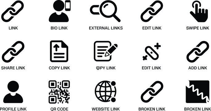 Link icons bio external website QR edit share add remove save vector illustration depicting online sharing editing saving and digital network interaction elements