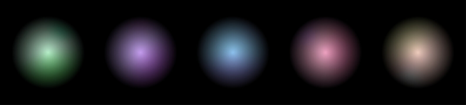 Magic glowing fireflies and stardust vector set, luminous cosmic spheres with radial blur and mesh gradient, ethereal light effects on black background