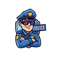 Smiling cartoon police officer wearing sunglasses and uniform with arms crossed