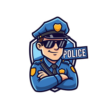 Smiling cartoon police officer wearing sunglasses and uniform with arms crossed