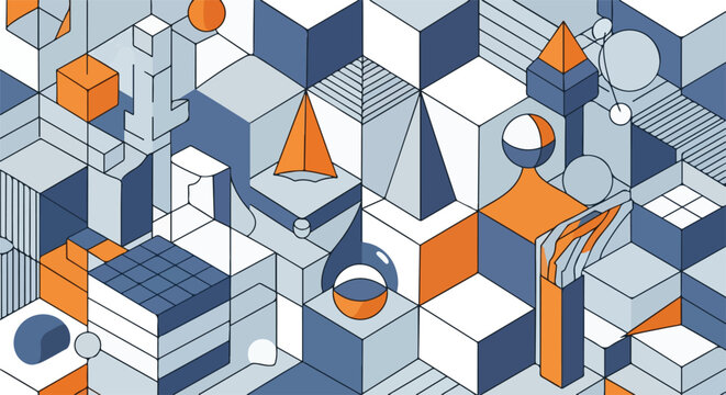 abstract geometric cube pattern with blue and orange accents